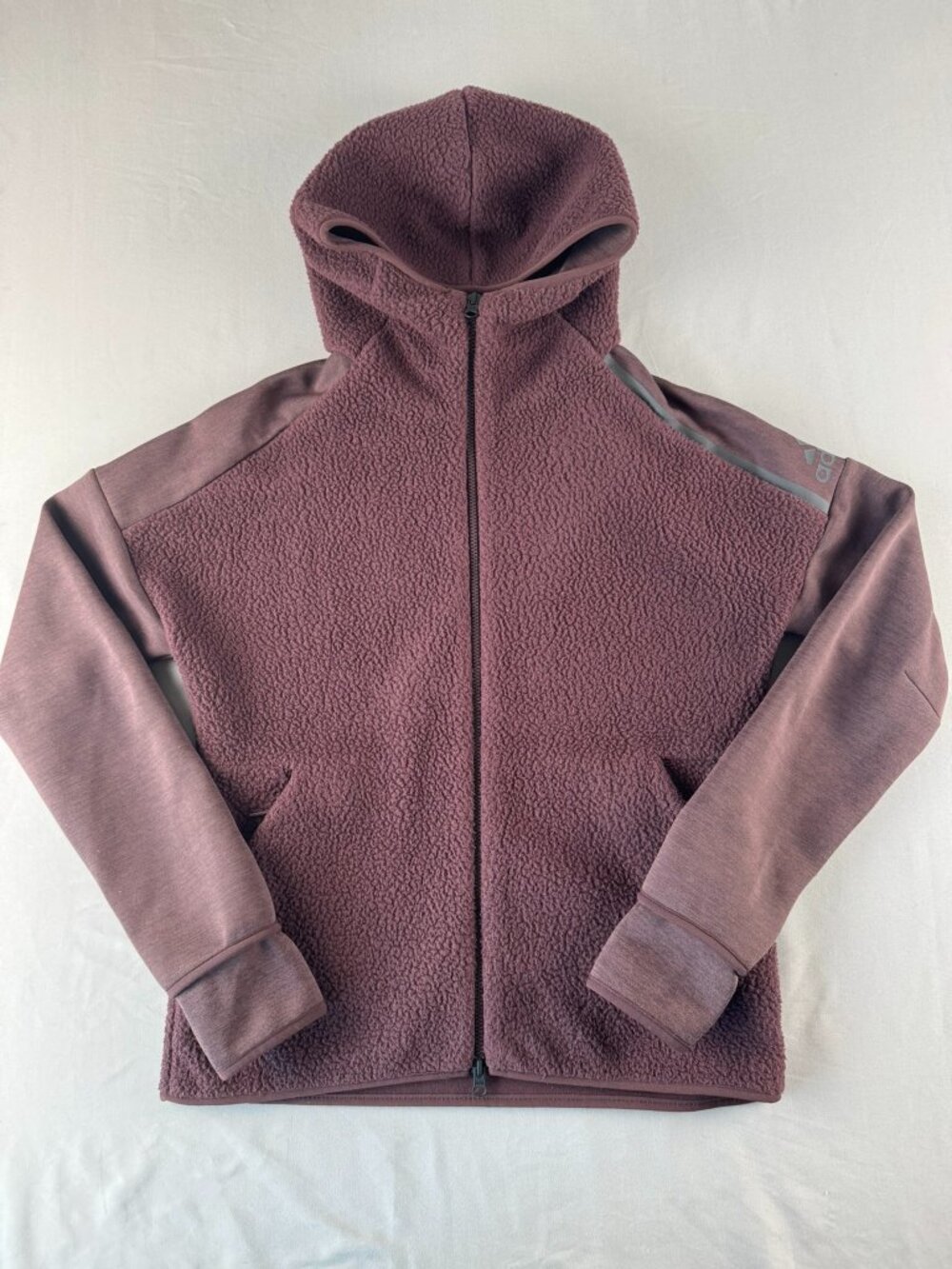 ADIDAS Z.N.E MEN'S S HOODIE JACKET BURGUNDY DOUBLE KNIT SHERPA WINTER COZY